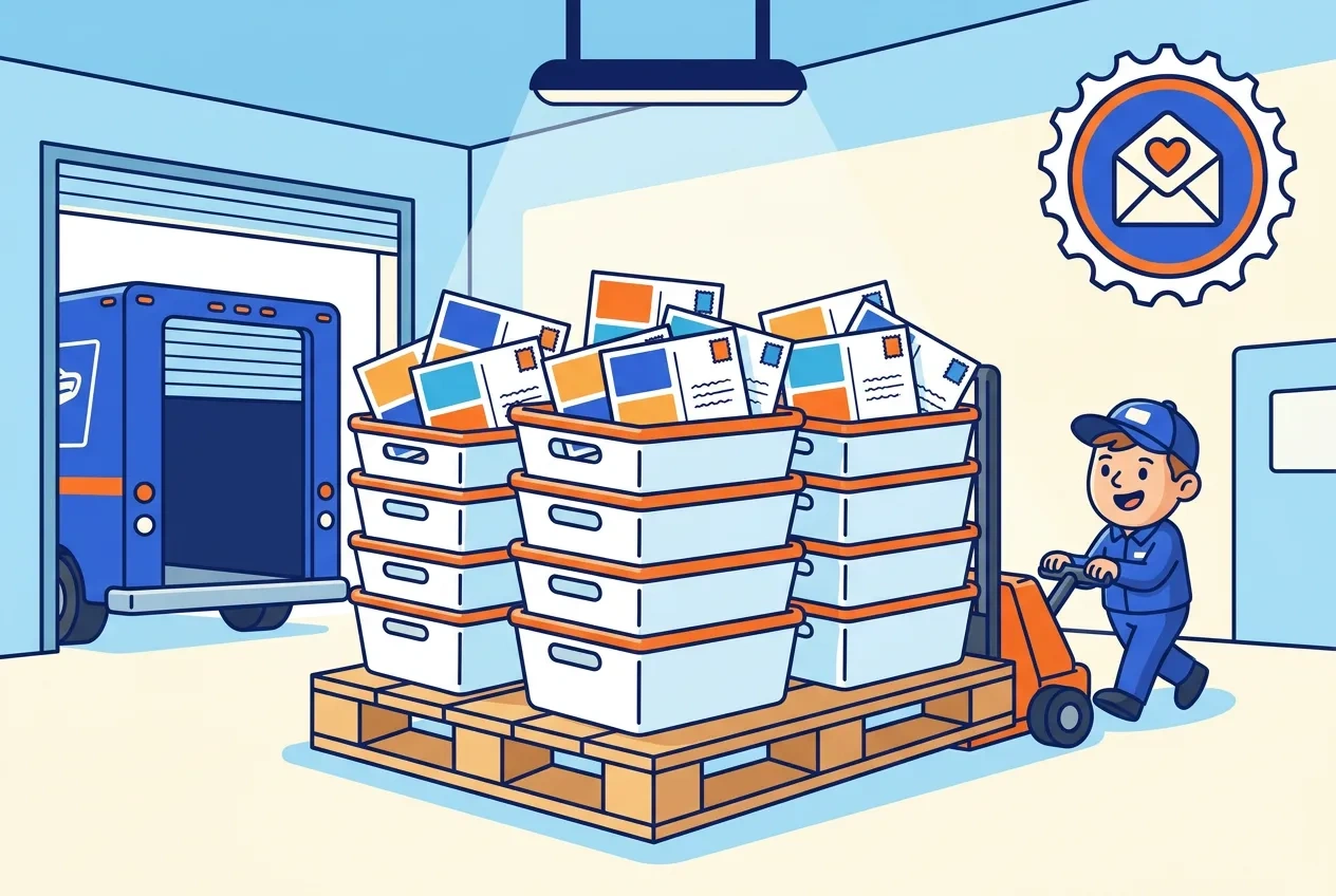 Cartoon pallet of white mail trays full of postcards at a loading dock with a mail truck