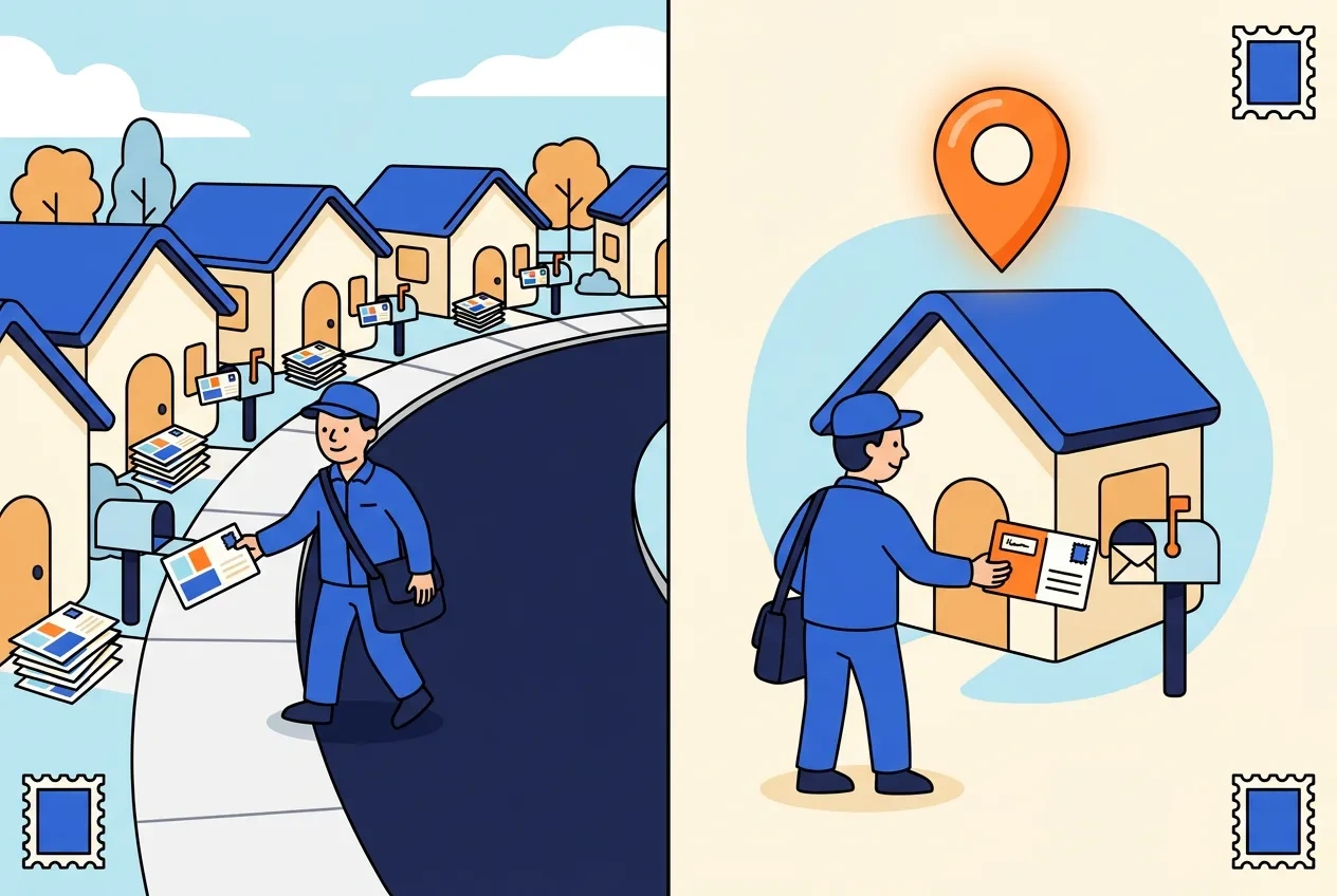 Cartoon of a whole street receiving the same postcard beside a single pinned house receiving an addressed one