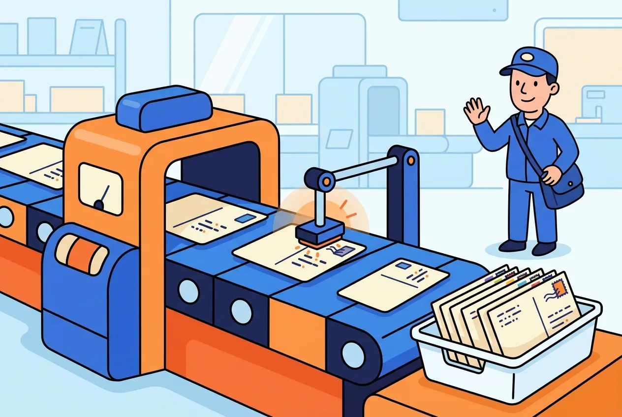 Cartoon postcards riding through an addressing machine into a white mail tray