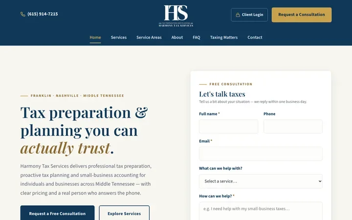 The home page of Harmony Tax Services at harmonytaxcpa.com
