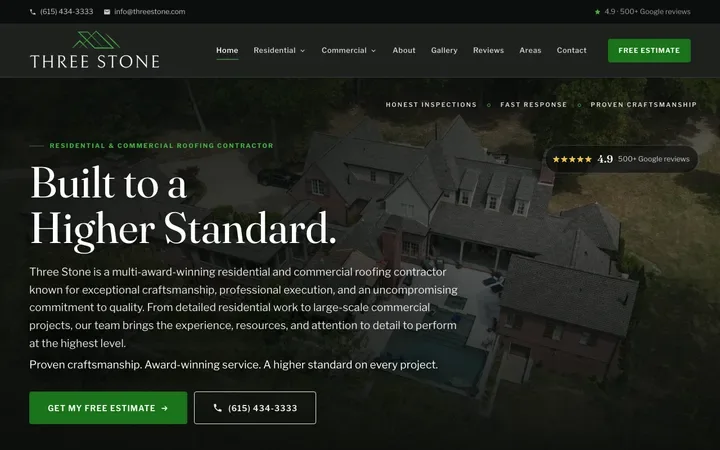 The home page of Three Stone Roofing & Exterior Services at threestone.com
